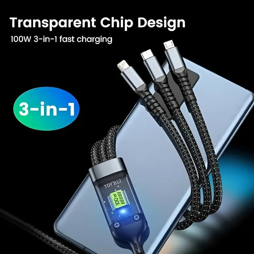 100W Fast Charging 3-in-1 Type-C Cable with LED Power Display, Braided Design – Universal Compatibility