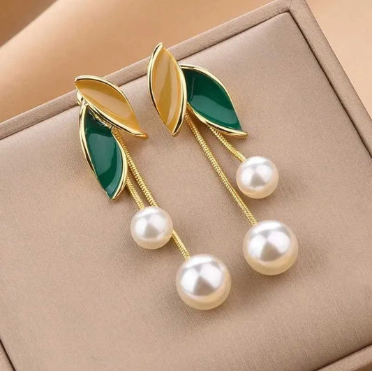 Stylish Gold Plated Pearl Drop Earrings with Leaf Design for Women & Girls