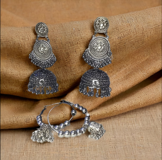 Oxidized Silver-Plated Jhumka Earrings Set for Women & Girls | Traditional Ethnic Jewellery