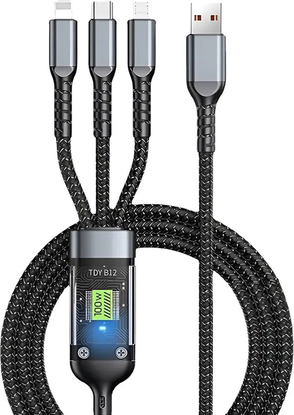 100W Fast Charging 3-in-1 Type-C Cable with LED Power Display, Braided Design – Universal Compatibility