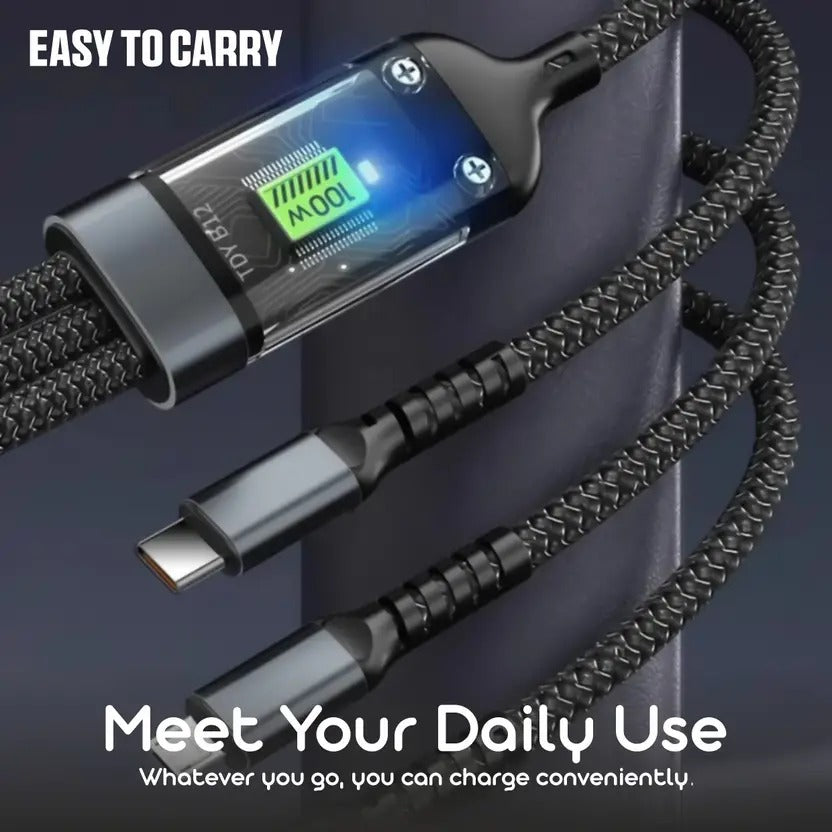 100W Fast Charging 3-in-1 Type-C Cable with LED Power Display, Braided Design – Universal Compatibility
