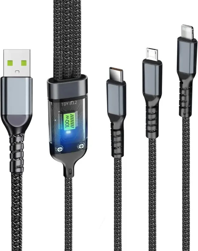 100W Fast Charging 3-in-1 Type-C Cable with LED Power Display, Braided Design – Universal Compatibility