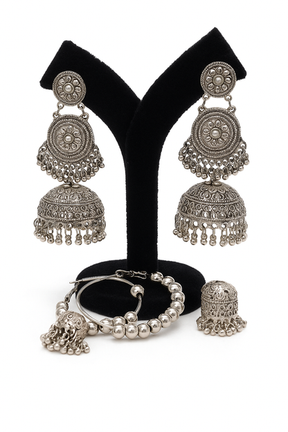 Oxidized Silver-Plated Jhumka Earrings Set for Women & Girls | Traditional Ethnic Jewellery