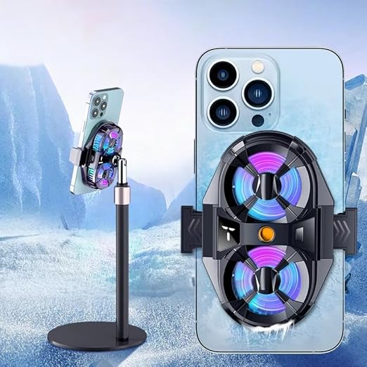 Dual Fan Semiconductor Mobile Cooler | Gaming Phone Radiator with Adjustable Stand & RGB Lighting