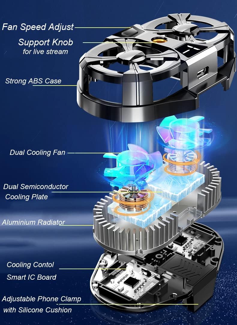 Dual Fan Semiconductor Mobile Cooler | Gaming Phone Radiator with Adjustable Stand & RGB Lighting