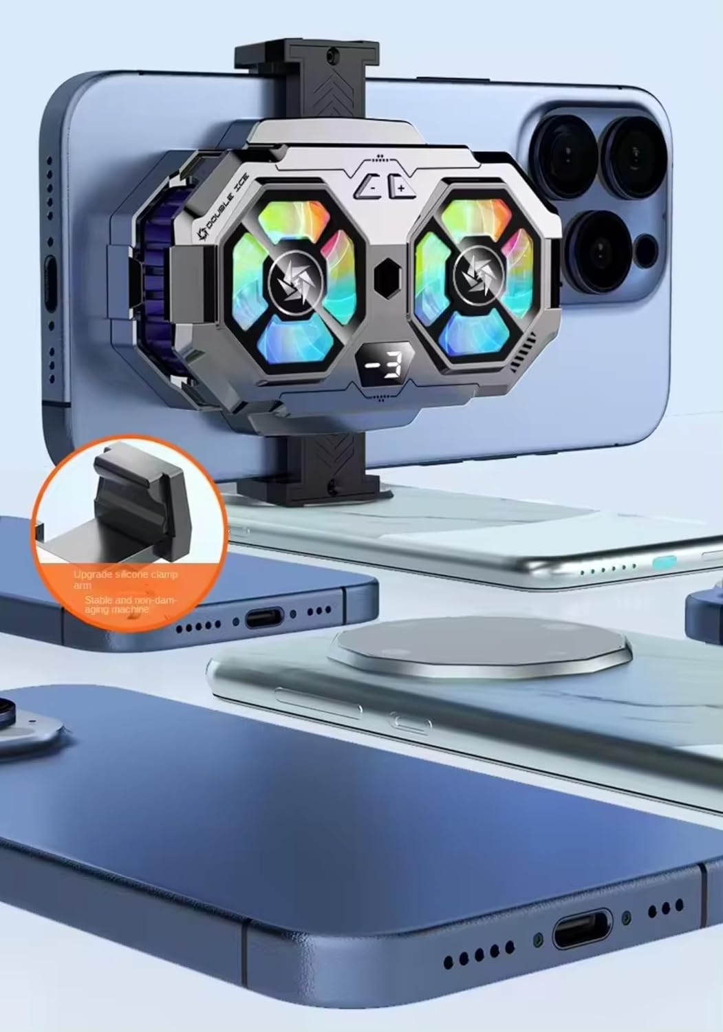 Dual Fan Semiconductor Mobile Cooler | Gaming Phone Radiator with Adjustable Stand & RGB Lighting