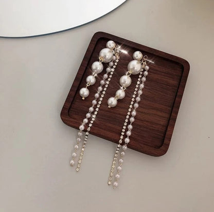 Elegant Pearl Drop Earrings with Rhinestone Chains | Women’s Trendy Jewellery