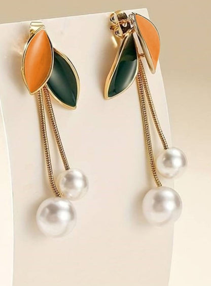 Stylish Gold Plated Pearl Drop Earrings with Leaf Design for Women & Girls