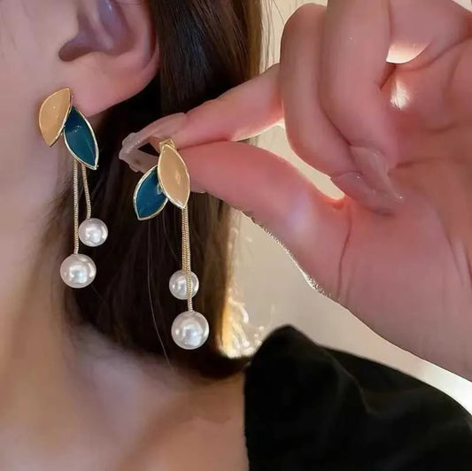 Stylish Gold Plated Pearl Drop Earrings with Leaf Design for Women & Girls