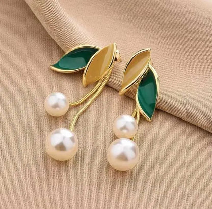 Stylish Gold Plated Pearl Drop Earrings with Leaf Design for Women & Girls